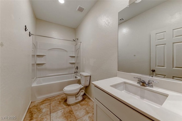 full bath featuring toilet, baseboards, vanity, and  shower combination