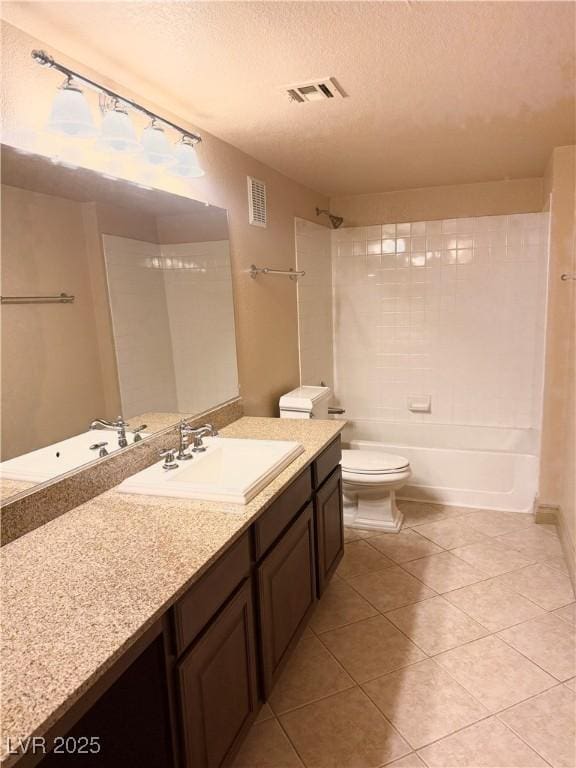 bathroom featuring shower / bathing tub combination, a textured ceiling, visible vents, tile patterned flooring, and toilet