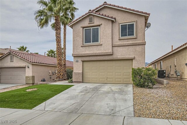 7829 Lovely Pine Pl, Las Vegas, NV 89143 - view of front facade featuring central AC, a front yard, an attached garage, concrete driveway, and stucco siding