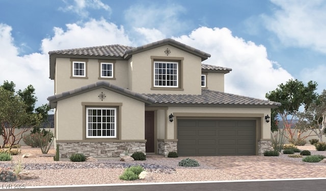 mediterranean / spanish-style house featuring a tiled roof, stucco siding, stone siding, and decorative driveway