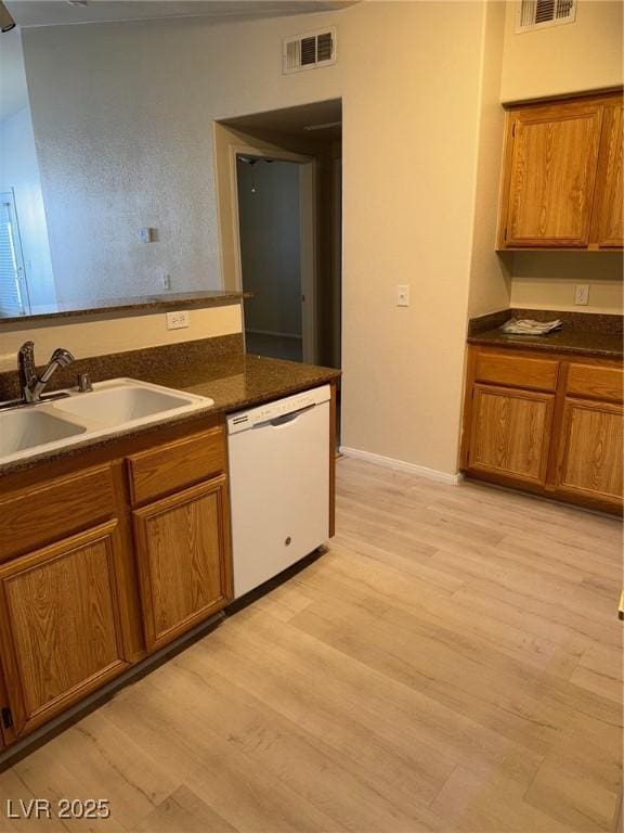 kitchen with dishwasher, a sink, visible vents, and dark countertops
