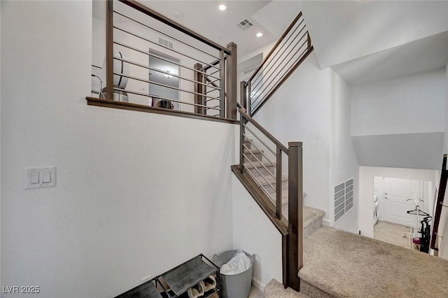 7953 Mountain Lilac St, Las Vegas, NV 89113 - staircase with carpet flooring, visible vents, and recessed lighting