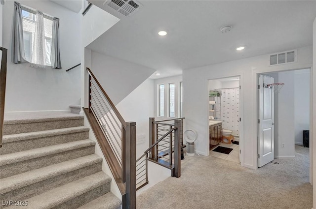 7953 Mountain Lilac St, Las Vegas, NV 89113 - stairs featuring carpet flooring, visible vents, and recessed lighting