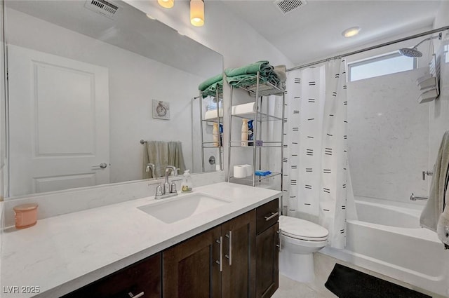 7953 Mountain Lilac St, Las Vegas, NV 89113 - bathroom with shower / bathtub combination with curtain, vanity, visible vents, and toilet