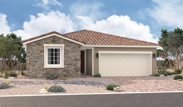 ranch-style house featuring a tile roof, a garage, driveway, and stucco siding