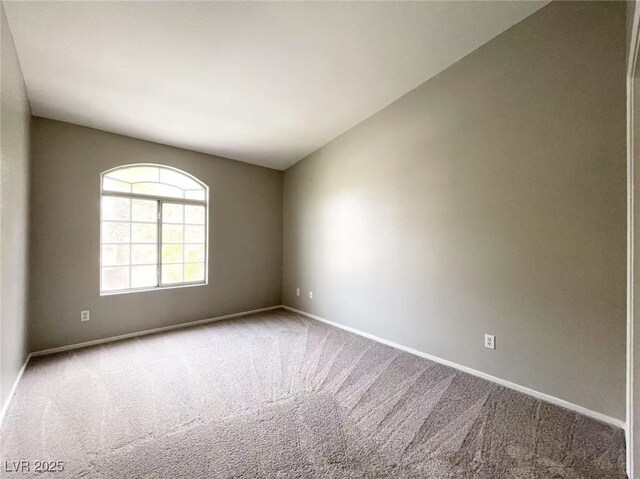 spare room with baseboards, lofted ceiling, and carpet floors