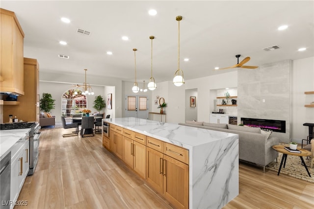 kitchen with light wood-style flooring, recessed lighting, visible vents, and stainless steel appliances