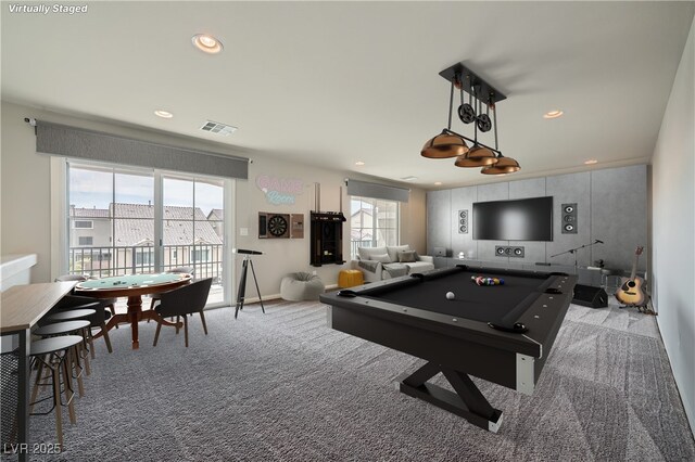 playroom with visible vents, recessed lighting, carpet flooring, and pool table
