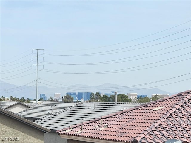 details with a mountain view and a tile roof