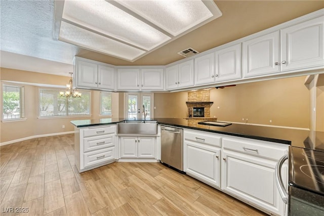 2681 Underbrush Ave, Pahrump, NV 89048 - kitchen with electric stove, a sink, a chandelier, dishwasher, and a wealth of natural light