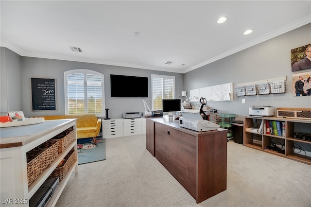 8537 Eureka Heights Ct, Las Vegas, NV 89178 - office with light colored carpet, ornamental molding, and recessed lighting