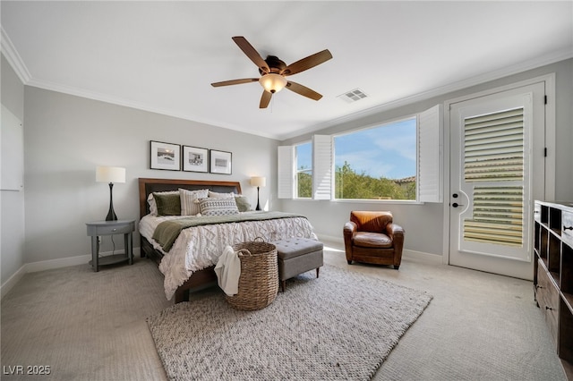 8537 Eureka Heights Ct, Las Vegas, NV 89178 - bedroom with light carpet, ornamental molding, baseboards, and ceiling fan