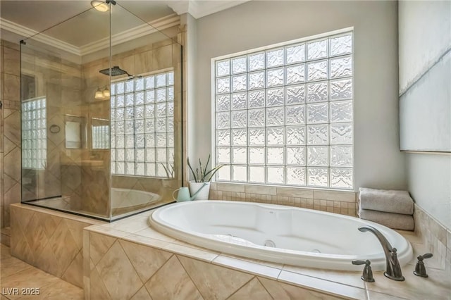 8537 Eureka Heights Ct, Las Vegas, NV 89178 - full bath featuring a tile shower, ornamental molding, and a jetted tub