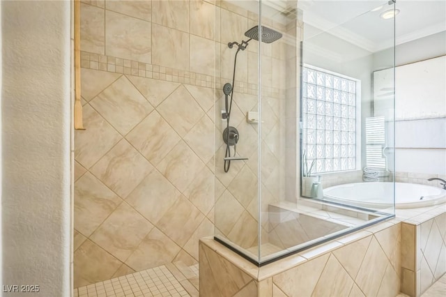 8537 Eureka Heights Ct, Las Vegas, NV 89178 - full bath with a garden tub, tiled shower, and ornamental molding