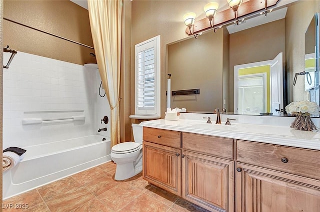 519 Via Garofano Ave, Henderson, NV 89011 - bathroom featuring shower / tub combo with curtain, vanity, toilet, and tile patterned flooring