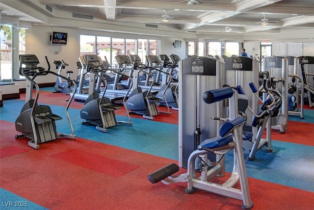 519 Via Garofano Ave, Henderson, NV 89011 - workout area with a ceiling fan, coffered ceiling, and beam ceiling