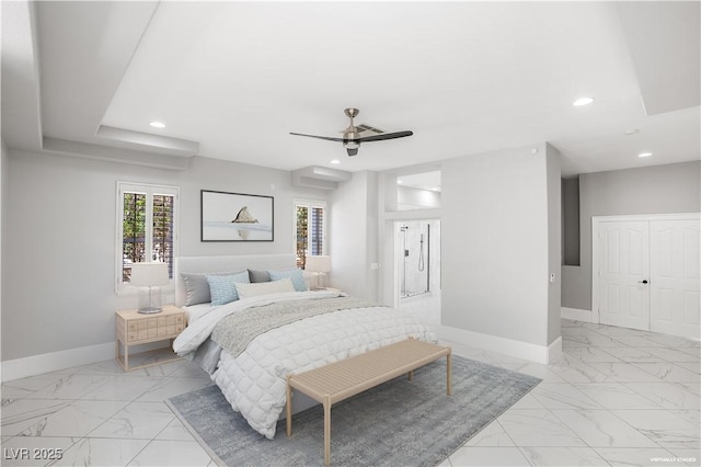 bedroom with recessed lighting, marble finish floor, and baseboards