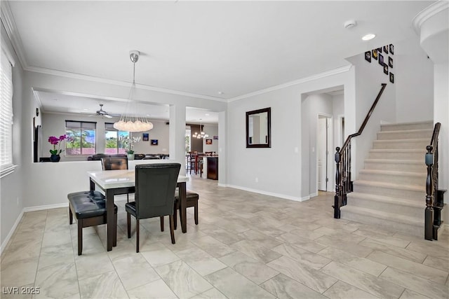 dining room with ornamental molding, marble finish floor, baseboards, ceiling fan, and stairway