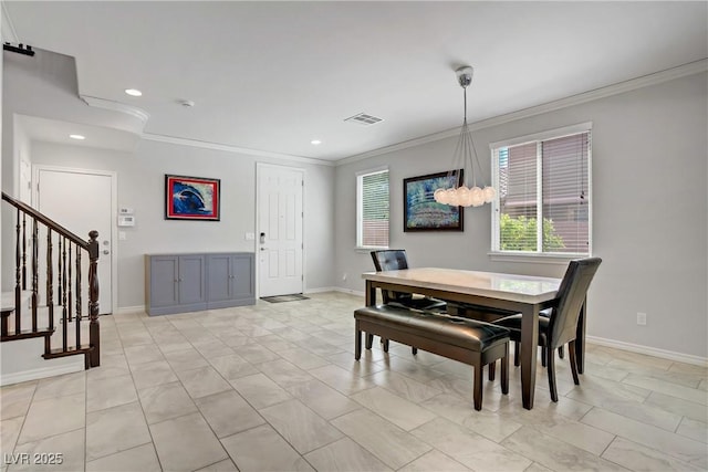 dining space featuring recessed lighting, ornamental molding, marble finish floor, and visible vents