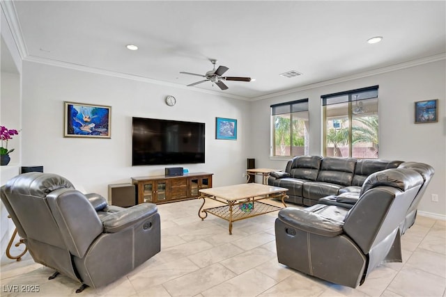 living area featuring ceiling fan, marble finish floor, recessed lighting, visible vents, and ornamental molding
