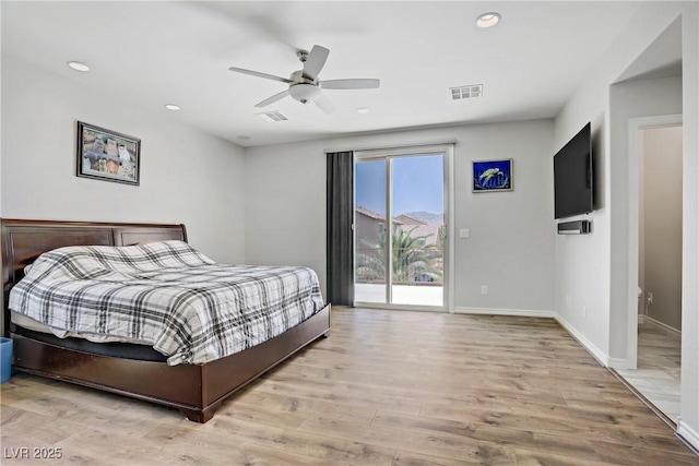 bedroom featuring access to exterior, recessed lighting, wood finished floors, and visible vents