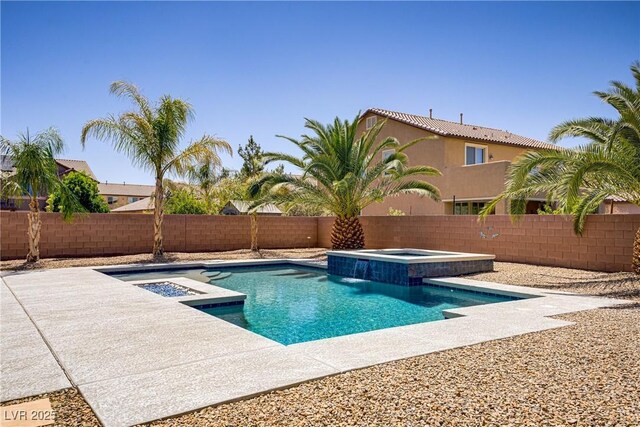 view of pool featuring a fenced backyard, a fenced in pool, and an in ground hot tub