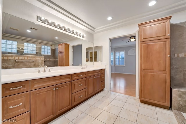 full bath with tile patterned floors, visible vents, a sink, and double vanity