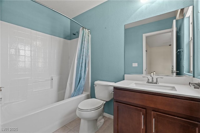 1776 Gentle Brook St, North Las Vegas, NV 89084 - full bathroom with toilet, a textured wall, shower / bathtub combination with curtain, vanity, and tile patterned floors