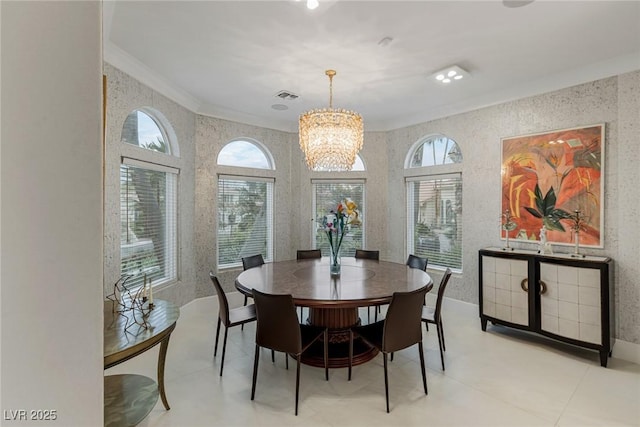 8109 Moonstone Cir, Las Vegas, NV 89128 - dining space featuring ornamental molding, visible vents, and a chandelier