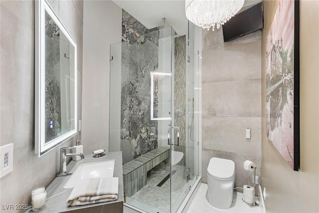 8109 Moonstone Cir, Las Vegas, NV 89128 - bathroom with toilet, a chandelier, a shower stall, and vanity