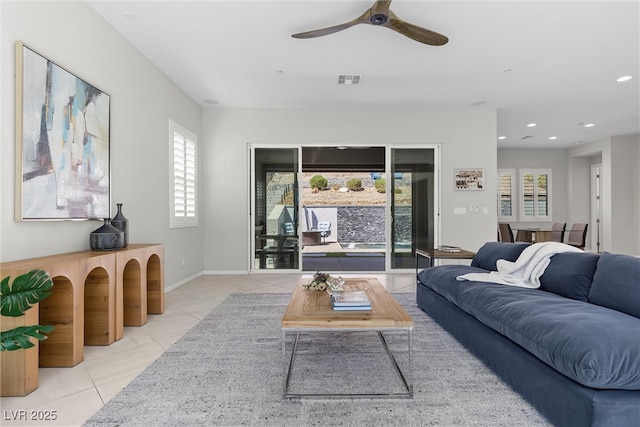 18 Via Tiberina, Henderson, NV 89011 - living area featuring tile patterned floors, ceiling fan, and recessed lighting