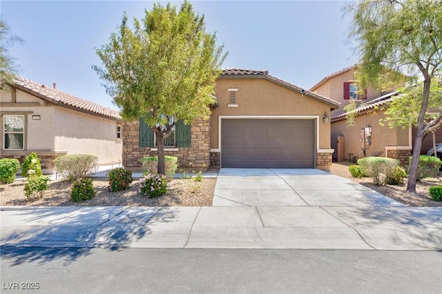 7137 Flowering Rose Ave, Las Vegas, NV 89117 - view of front of property featuring an attached garage, driveway, stucco siding, stone siding, and a tiled roof