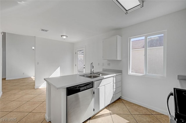 kitchen with stainless steel dishwasher, light tile patterned floors, a peninsula, white cabinetry, and a sink