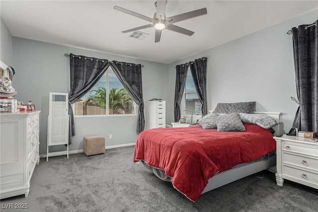 carpeted bedroom with baseboards, visible vents, and ceiling fan