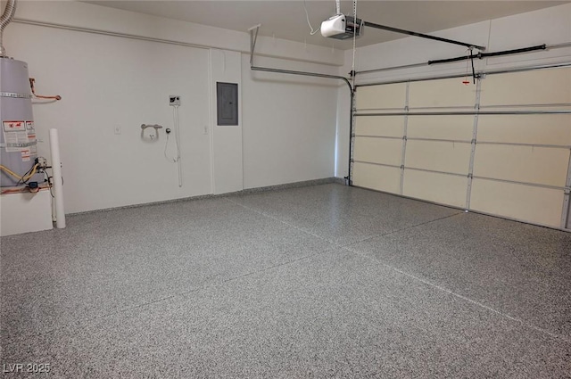 garage featuring a garage door opener, electric panel, and secured water heater