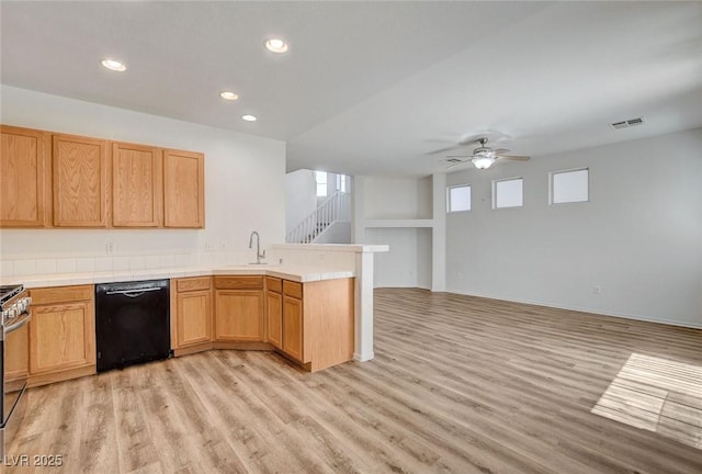 kitchen featuring dishwasher, light wood finished floors, plenty of natural light, and recessed lighting