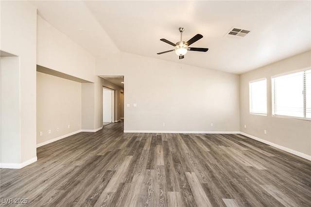 3434 Denali Preserve St, Las Vegas, NV 89122 - unfurnished living room with visible vents, baseboards, a ceiling fan, and dark wood finished floors
