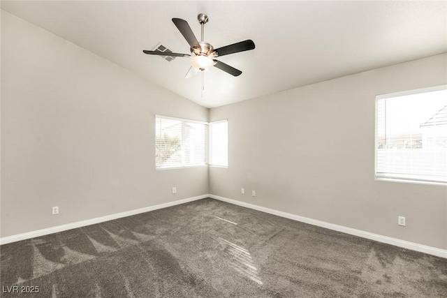3434 Denali Preserve St, Las Vegas, NV 89122 - unfurnished room with dark carpet, baseboards, a ceiling fan, and lofted ceiling