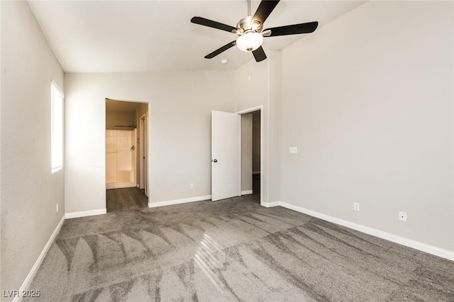 3434 Denali Preserve St, Las Vegas, NV 89122 - unfurnished bedroom featuring ceiling fan, ensuite bathroom, carpet flooring, lofted ceiling, and baseboards