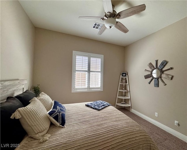 carpeted bedroom with ceiling fan, baseboards, and visible vents