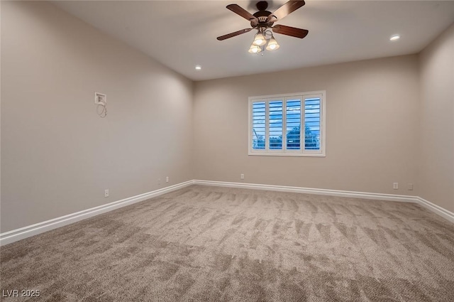 empty room featuring baseboards, a ceiling fan, carpet, and recessed lighting