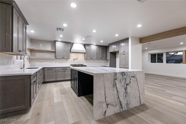 kitchen featuring tasteful backsplash, visible vents, a sink, custom range hood, and light wood-style flooring