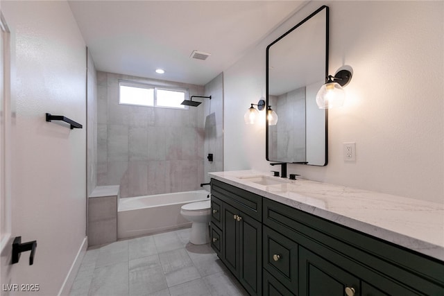 full bathroom featuring vanity, baseboards, toilet, visible vents, and shower / bathing tub combination