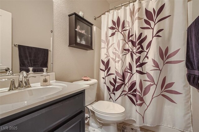 bathroom featuring toilet, vanity, and a shower with curtain