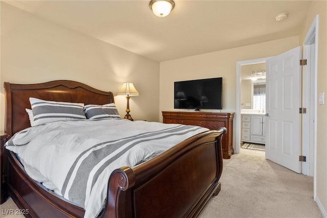 bedroom featuring light carpet