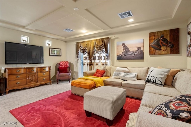 carpeted living room featuring visible vents, recessed lighting, coffered ceiling, and beamed ceiling