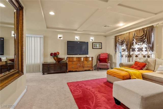 living area featuring baseboards, recessed lighting, carpet flooring, visible vents, and coffered ceiling