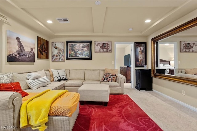living room with visible vents, baseboards, recessed lighting, and carpet flooring