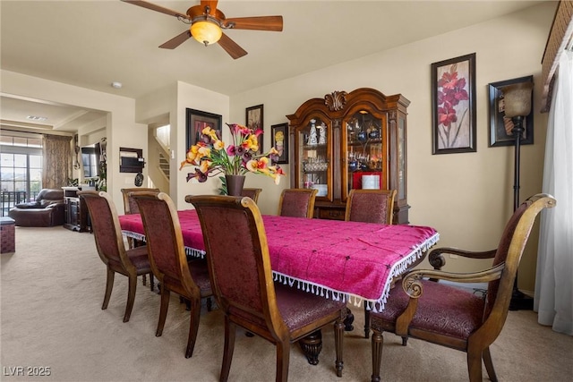 dining room featuring carpet floors, a ceiling fan, and stairs