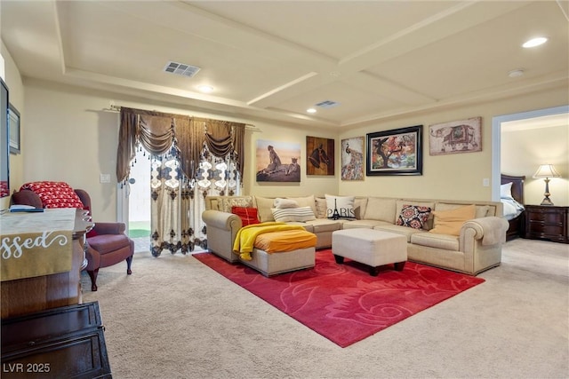carpeted living room featuring recessed lighting, visible vents, beam ceiling, and coffered ceiling
